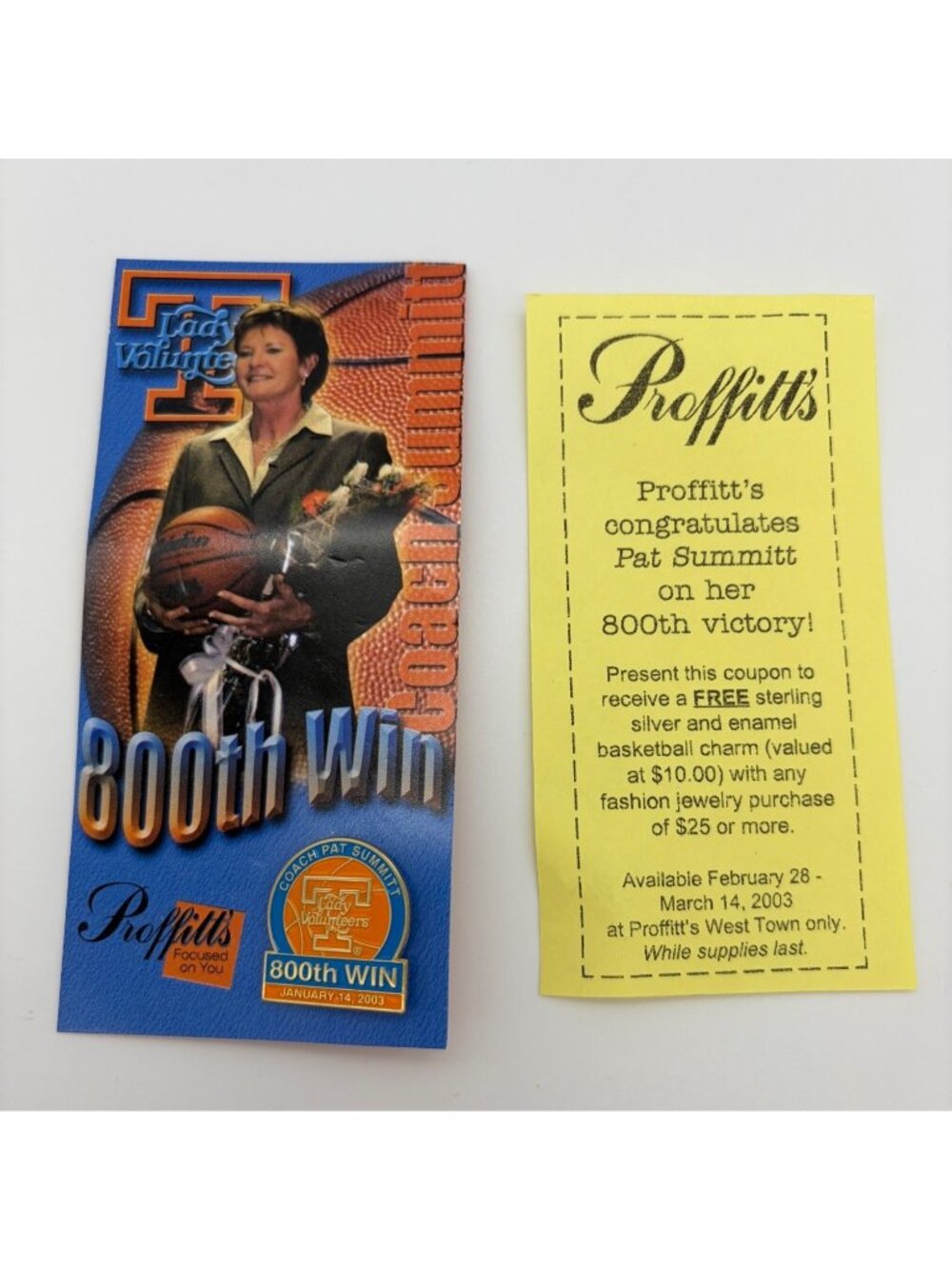 Pat Summitt 800th Win Pin Card Proffitts Knoxville Lady Vols Tennessee 2003 NCAA
